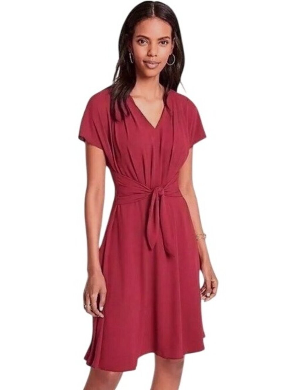 Ann Taylor Burgundy Wine V-Neck Attached Tie Chiffon Dress Size 8 Wedding Office